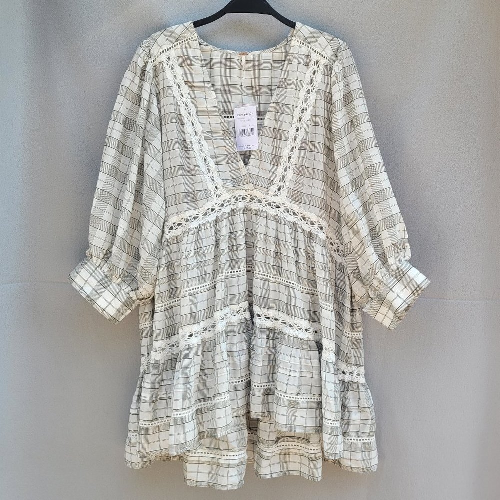 Free People time out plaid lace trim tunic top blouse boho style